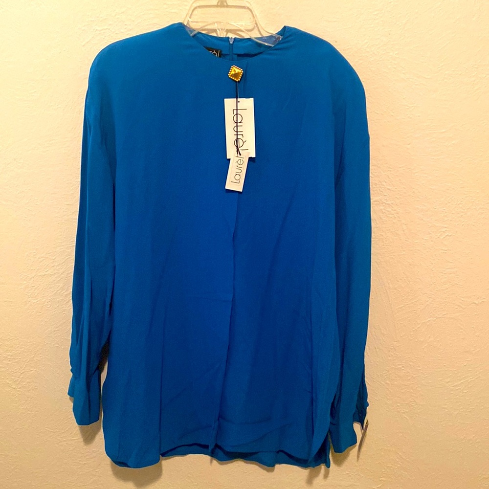 VINTAGE LAUREL BLUE SILK BLOUSE SZ 12/EU 42 NWT